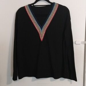 SHEIN Black Long Sleeve Top With Rainbow V-Neck Women's Size Large